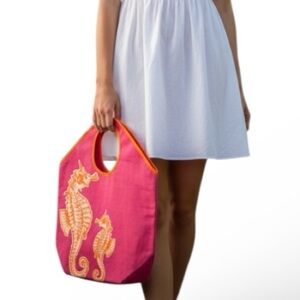 Mud Pie X-Large Jute Tote Beach Bag in Pink and Orange with Seahorse Graphic